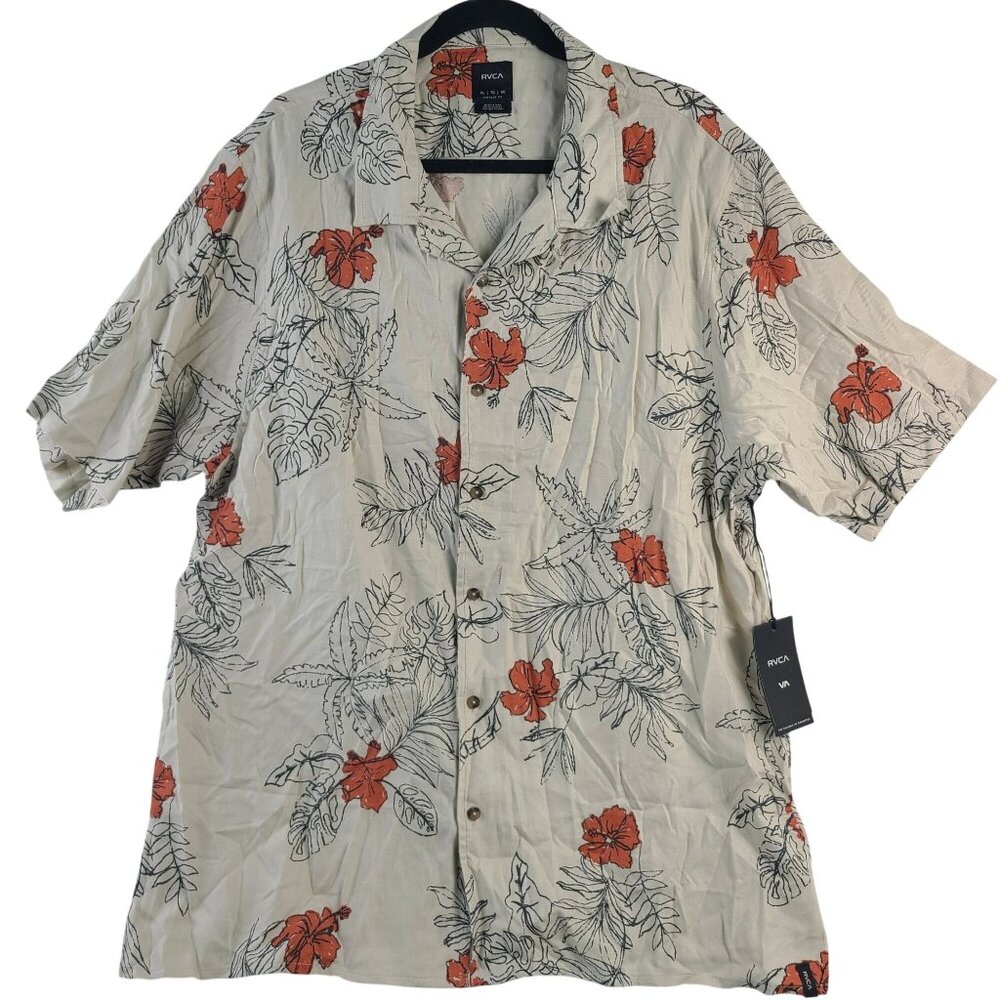 NWT RVCA Mens Floral Button-Up Shirt Beige/Red Cotton-Modal Blend Sz XL